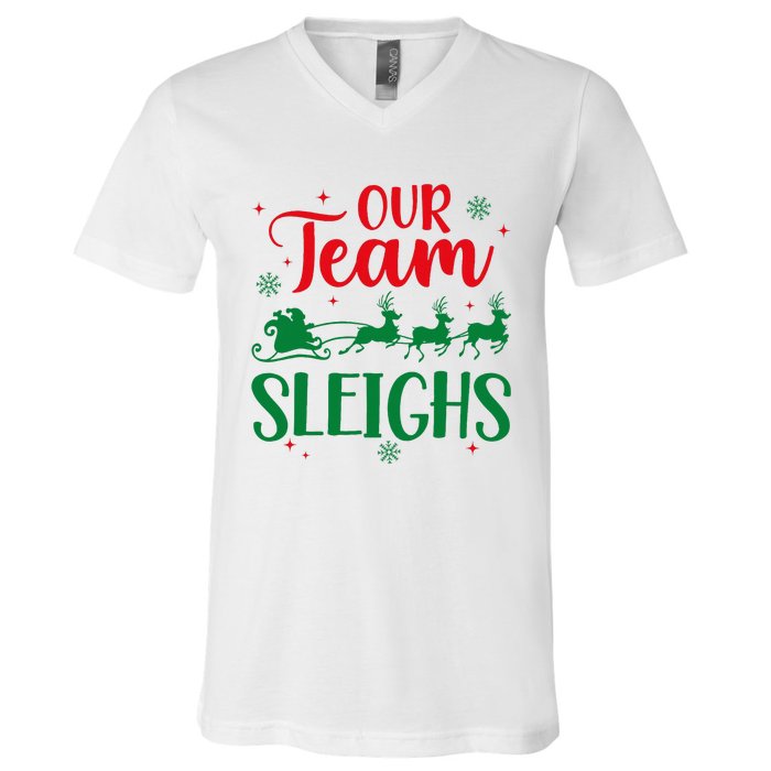 Our Team Sleighs Christmas Santa Reindeers Office Staff V-Neck T-Shirt