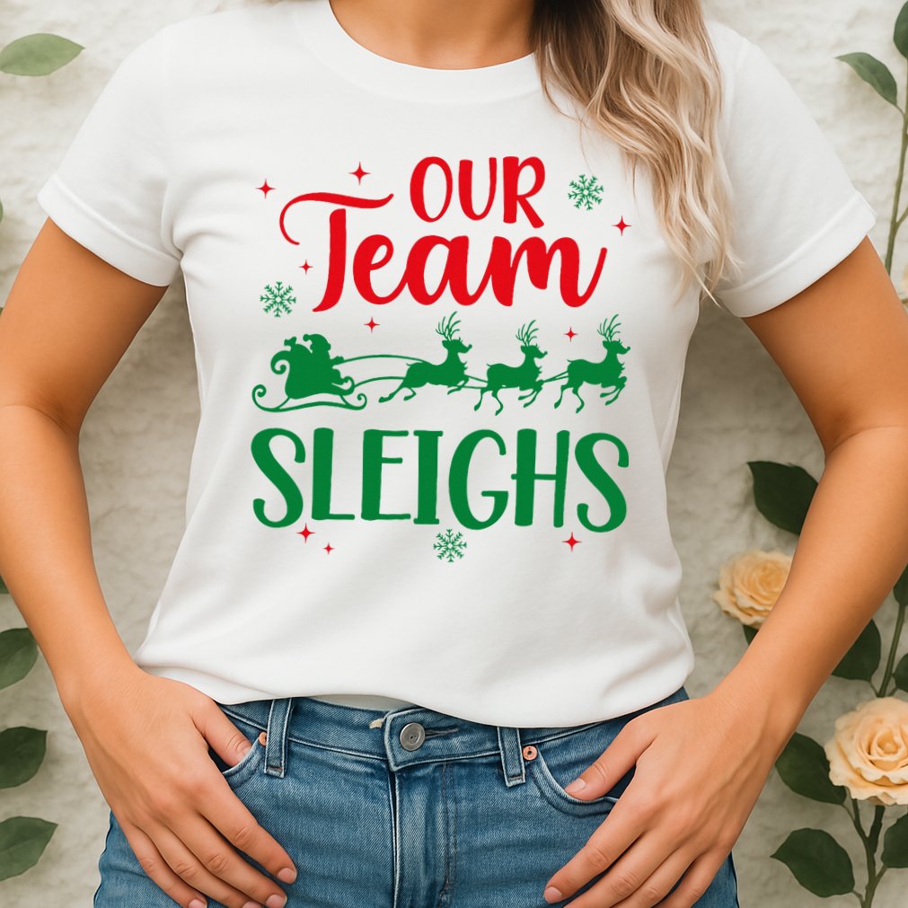 Our Team Sleighs Christmas Santa Reindeers Office Staff Womens T-Shirt