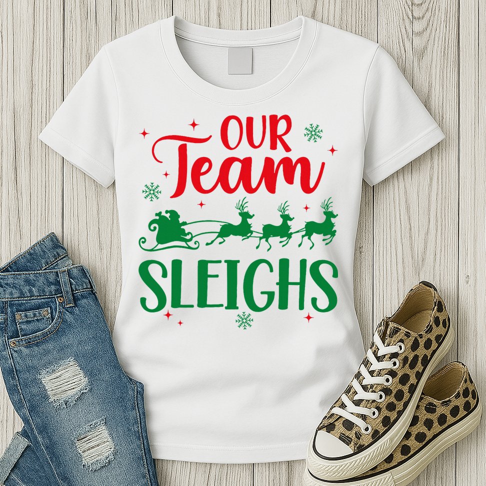 Our Team Sleighs Christmas Santa Reindeers Office Staff Womens T-Shirt