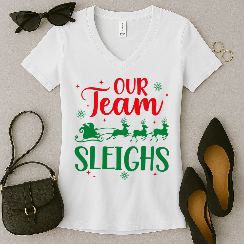 Our Team Sleighs Christmas Santa Reindeers Office Staff Women's V-Neck T-Shirt