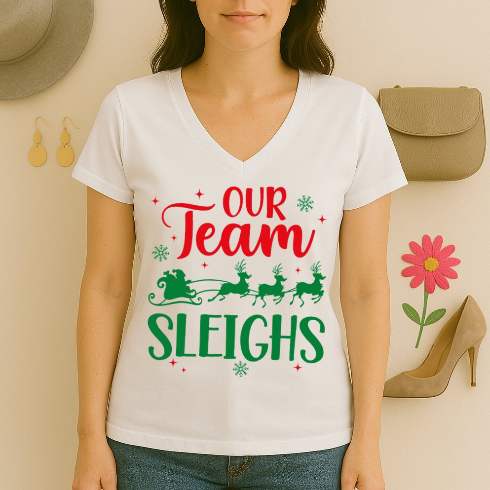 Our Team Sleighs Christmas Santa Reindeers Office Staff Women's V-Neck T-Shirt