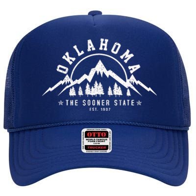 Oklahoma The Sooner State Est 1907 Vintage Mountains Gift High Crown Mesh Back Trucker Hat