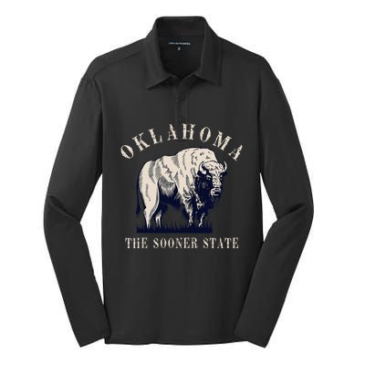 Oklahoma The Sooner State American Bison Buffalo Silk Touch Performance Long Sleeve Polo