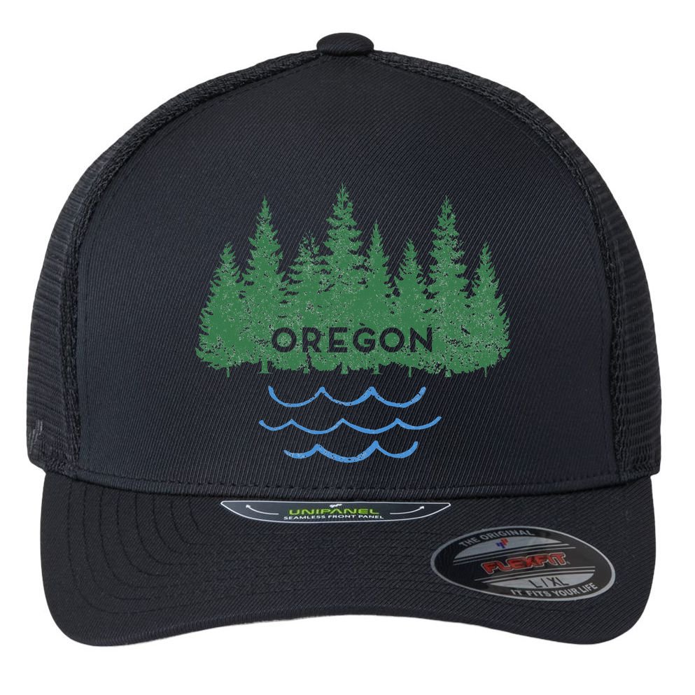 Oregon Trees Silhouette Nature Outdoorsy Flexfit Unipanel Trucker Cap