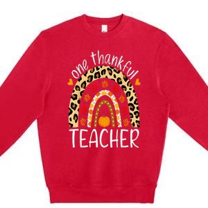 One Thankful Teacher Thanksgiving Rainbow Leopard Fall Premium Crewneck Sweatshirt