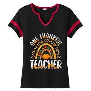 One Thankful Teacher Cute Thanksgiving Rainbow Leopard Fall Ladies Halftime Notch Neck Tee