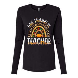 One Thankful Teacher Cute Thanksgiving Rainbow Leopard Fall Womens Cotton Relaxed Long Sleeve T-Shirt