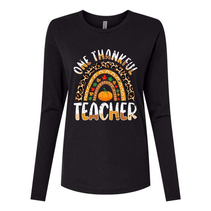 One Thankful Teacher Cute Thanksgiving Rainbow Leopard Fall Womens Cotton Relaxed Long Sleeve T-Shirt