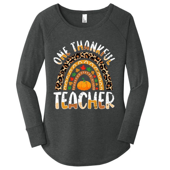 One Thankful Teacher Cute Thanksgiving Rainbow Leopard Fall Women's Perfect Tri Tunic Long Sleeve Shirt