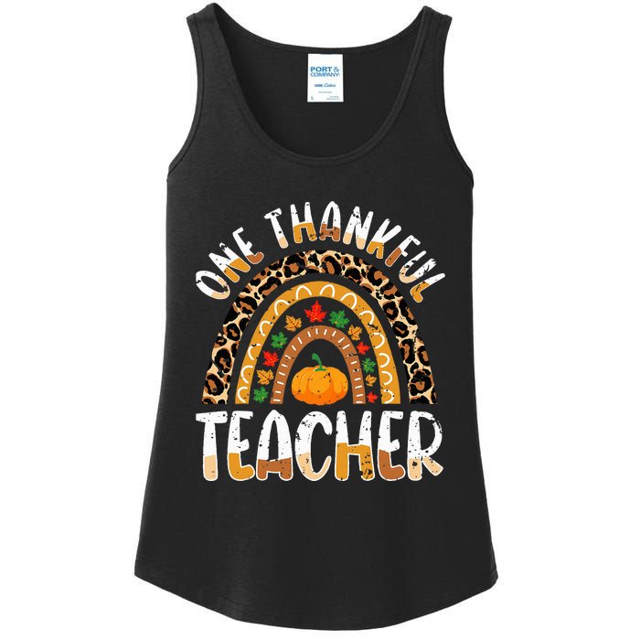 One Thankful Teacher Cute Thanksgiving Rainbow Leopard Fall Ladies Essential Tank