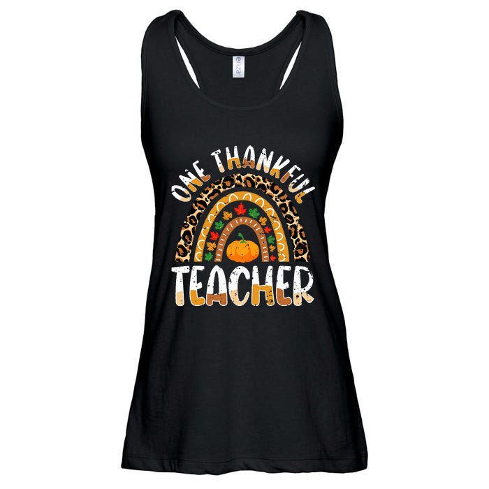 One Thankful Teacher Cute Thanksgiving Rainbow Leopard Fall Ladies Essential Flowy Tank