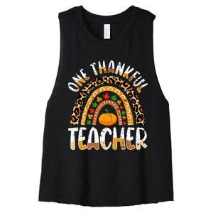 One Thankful Teacher Cute Thanksgiving Rainbow Leopard Fall Women's Racerback Cropped Tank