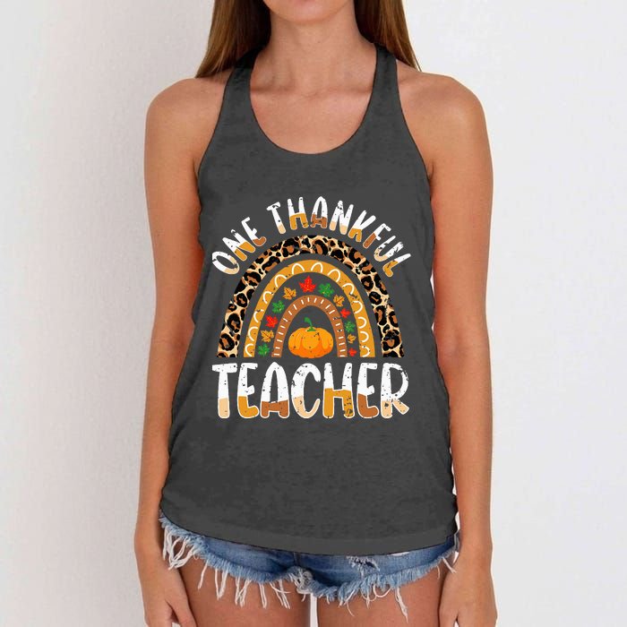 One Thankful Teacher Cute Thanksgiving Rainbow Leopard Fall Women's Knotted Racerback Tank