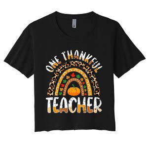 One Thankful Teacher Cute Thanksgiving Rainbow Leopard Fall Women's Crop Top Tee