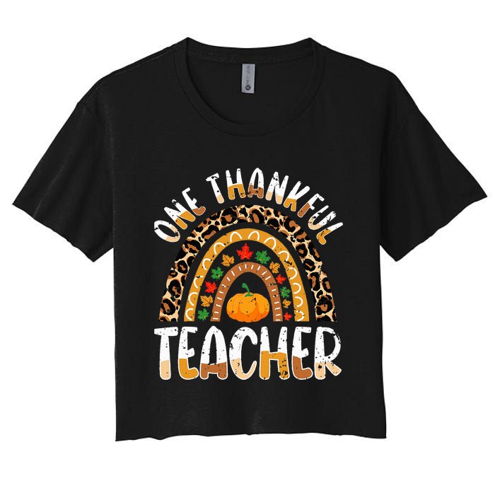 One Thankful Teacher Cute Thanksgiving Rainbow Leopard Fall Women's Crop Top Tee