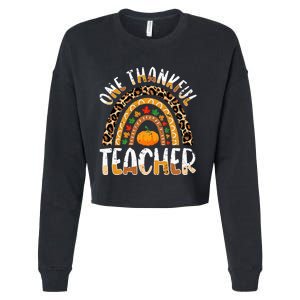 One Thankful Teacher Cute Thanksgiving Rainbow Leopard Fall Cropped Pullover Crew