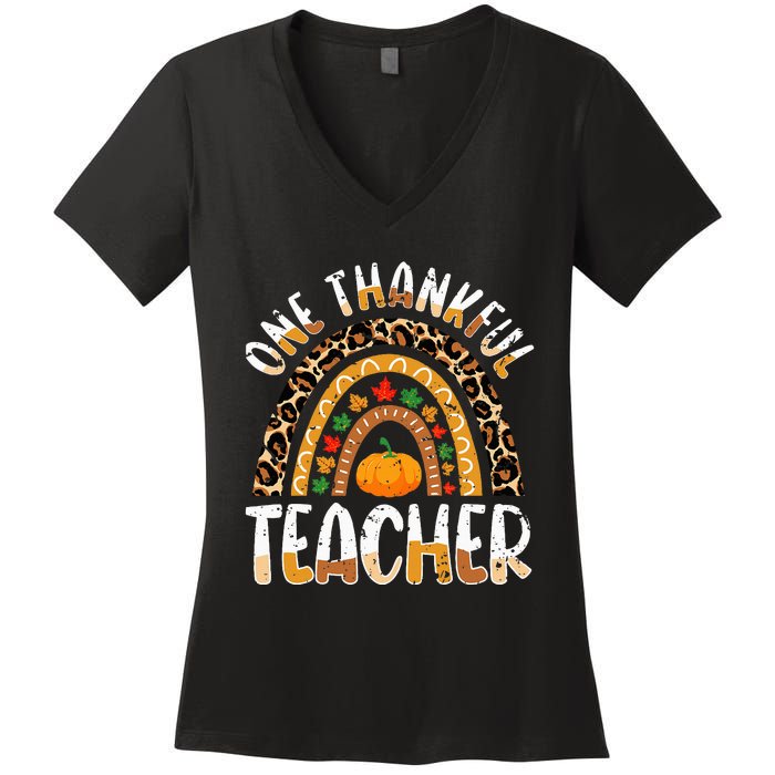 One Thankful Teacher Cute Thanksgiving Rainbow Leopard Fall Women's V-Neck T-Shirt