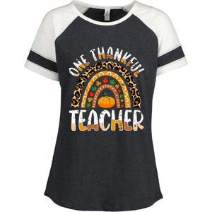 One Thankful Teacher Cute Thanksgiving Rainbow Leopard Fall Enza Ladies Jersey Colorblock Tee