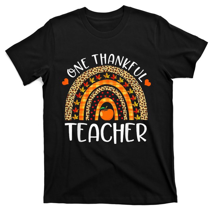 One Thankful Teacher Thanksgiving Rainbow Leopard Fall Funny T-Shirt