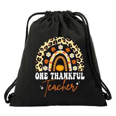 One Thankful Teacher Thanksgiving Rainbow Leopard Fall Drawstring Bag