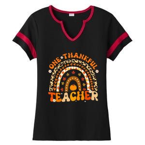 One Thankful Teacher Thanksgiving Rainbow Leopard Fall  Ladies Halftime Notch Neck Tee