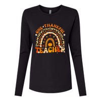 One Thankful Teacher Thanksgiving Rainbow Leopard Fall  Womens Cotton Relaxed Long Sleeve T-Shirt