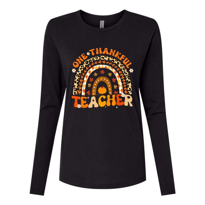 One Thankful Teacher Thanksgiving Rainbow Leopard Fall  Womens Cotton Relaxed Long Sleeve T-Shirt