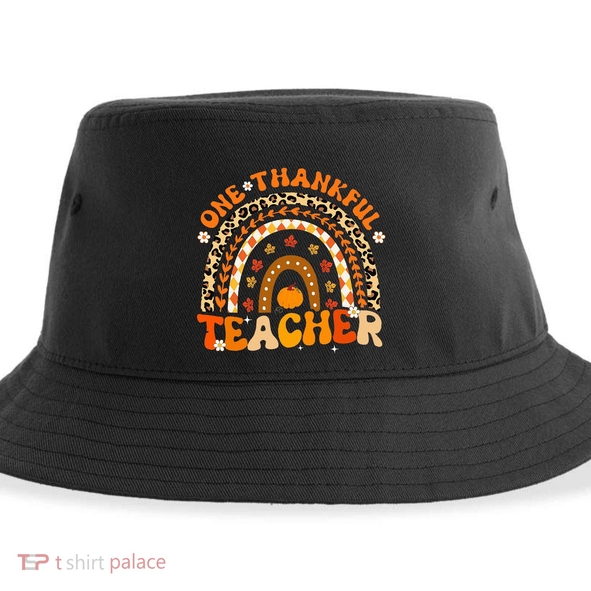 One Thankful Teacher Thanksgiving Rainbow Leopard Fall  Sustainable Bucket Hat