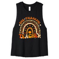 One Thankful Teacher Thanksgiving Rainbow Leopard Fall  Women's Racerback Cropped Tank