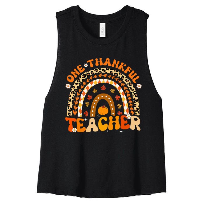 One Thankful Teacher Thanksgiving Rainbow Leopard Fall  Women's Racerback Cropped Tank