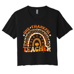 One Thankful Teacher Thanksgiving Rainbow Leopard Fall  Women's Crop Top Tee