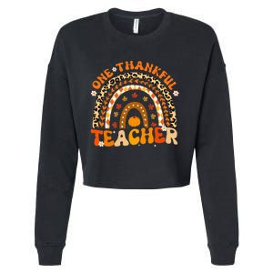 One Thankful Teacher Thanksgiving Rainbow Leopard Fall  Cropped Pullover Crew