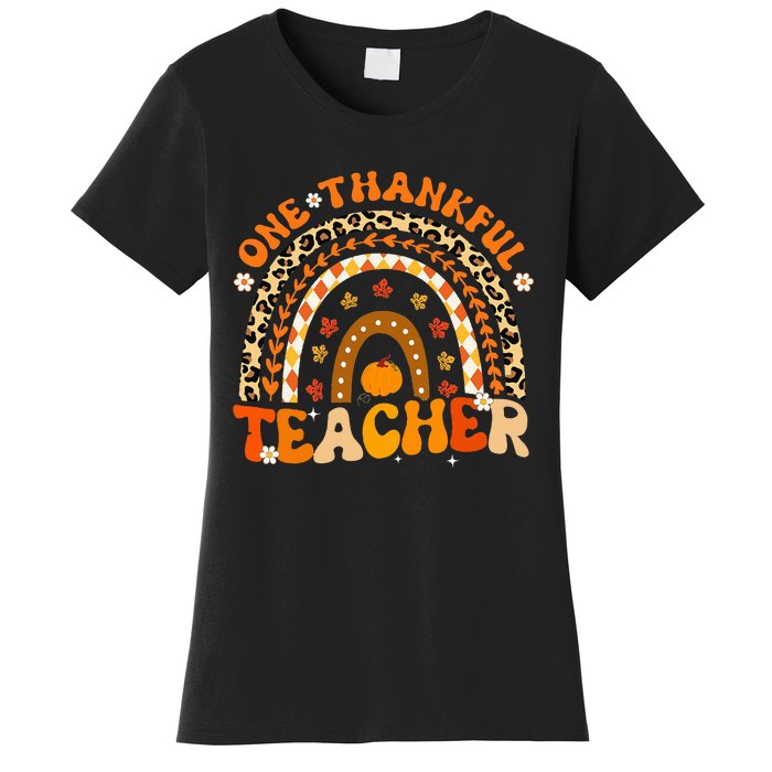 One Thankful Teacher Thanksgiving Rainbow Leopard Fall  Women's T-Shirt