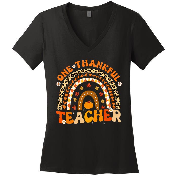 One Thankful Teacher Thanksgiving Rainbow Leopard Fall  Women's V-Neck T-Shirt