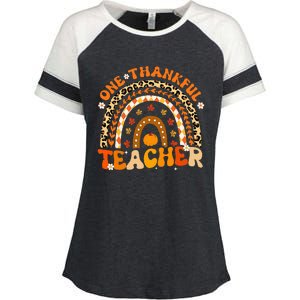 One Thankful Teacher Thanksgiving Rainbow Leopard Fall  Enza Ladies Jersey Colorblock Tee