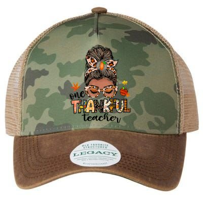 One Thankful Teacher Messy Bun Fall Thanksgiving Legacy Tie Dye Trucker Hat