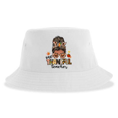 One Thankful Teacher Messy Bun Fall Thanksgiving Sustainable Bucket Hat