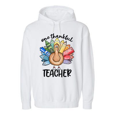 One Thankful Teacher Thanksgiving Turkey Garment-Dyed Fleece Hoodie