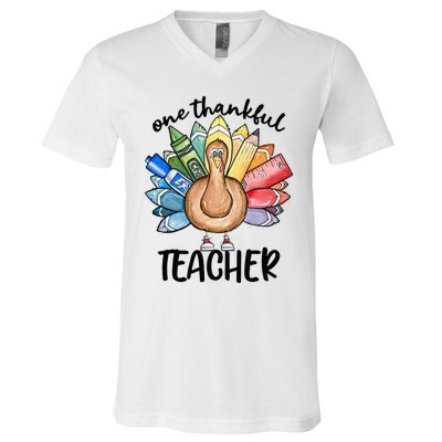 One Thankful Teacher Thanksgiving Turkey V-Neck T-Shirt