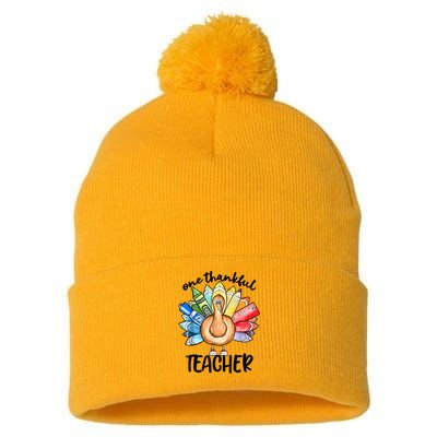 One Thankful Teacher Thanksgiving Turkey Cute Pencil Pom Pom 12in Knit Beanie