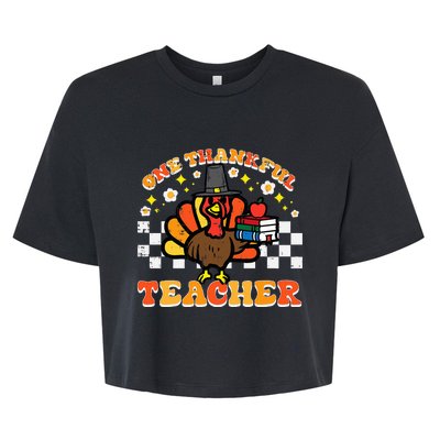 One Thankful Teacher Books Turkey Thanksgiving Bella+Canvas Jersey Crop Tee