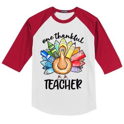 One Thankful Teacher Thanksgiving Turkey Cute Pencil Kids Colorblock Raglan Jersey