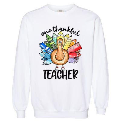 One Thankful Teacher Thanksgiving Turkey Cute Pencil Garment-Dyed Sweatshirt