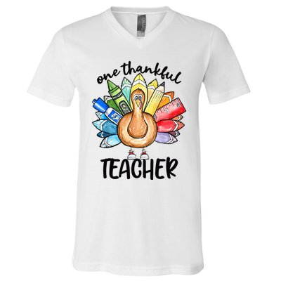 One Thankful Teacher Thanksgiving Turkey Cute Pencil V-Neck T-Shirt