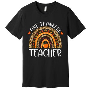 One Thankful Teacher Thanksgiving Rainbow Leopard Fall Funny Premium T-Shirt