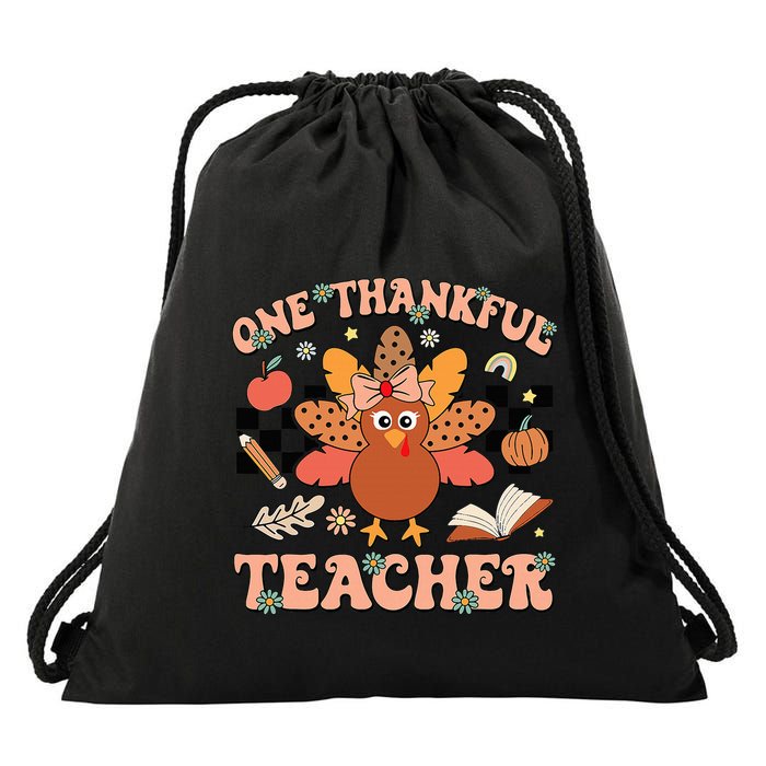 One Thankful Teacher Thanksgiving Retro Groovy Fall Teachers Drawstring Bag