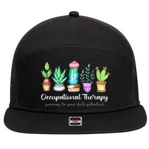 Occupational Therapy Therapist OT Month Cactus Plant Funny 7 Panel Mesh Trucker Snapback Hat