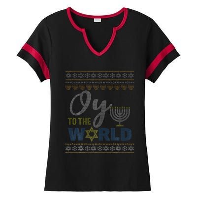 Oy To The World Funny Ugly Hanukkah Sweater Jewish Chanukah  Ladies Halftime Notch Neck Tee