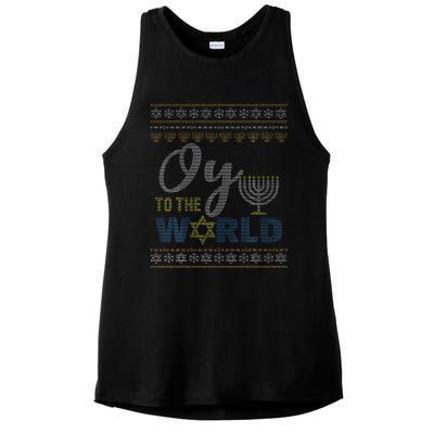 Oy To The World Funny Ugly Hanukkah Sweater Jewish Chanukah  Ladies PosiCharge Tri-Blend Wicking Tank