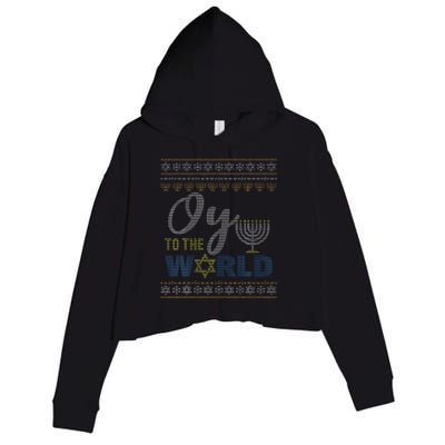 Oy To The World Funny Ugly Hanukkah Sweater Jewish Chanukah  Crop Fleece Hoodie